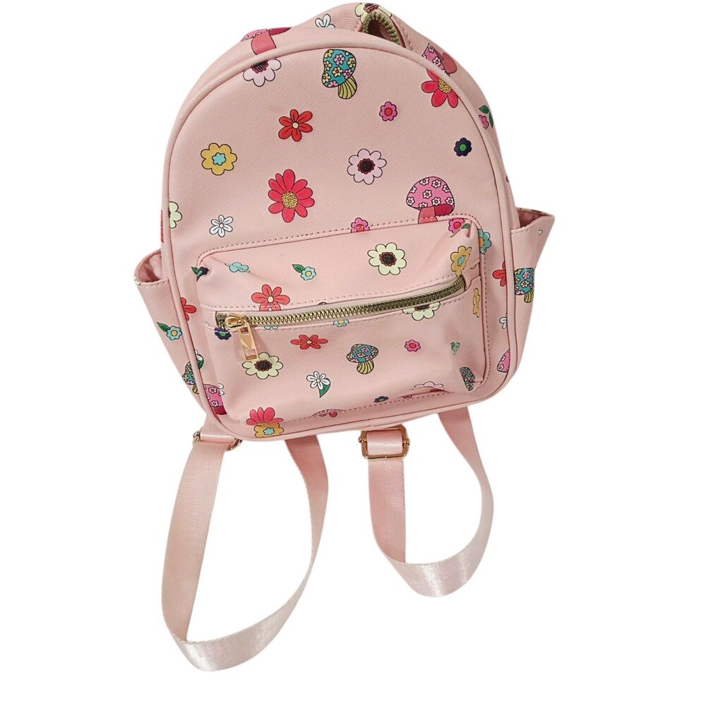 LS Live In Style Pink Mini Backpack Retro Floral & Mushroom Print Cute